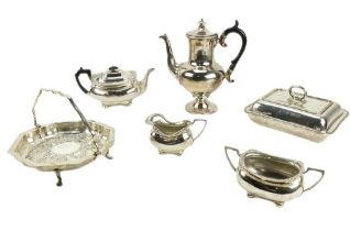 A heavy silver plated three piece Tea Servicer, with gadroon and shell decoration; a heavy plated