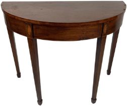 A 19th Century mahogany demi-lune Table, the crossbanded top over a frieze with inlaid shell