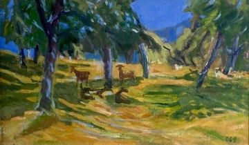 David Goldberg - 20th /21st Century Irish "Goats taking Shelter under Trees," O.O.C., signed  with