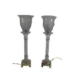 A pair of very attractive Lalique style glass Table Lamps, each with thistle moulded shade on reeded