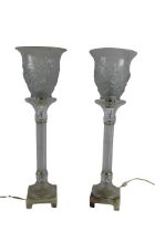 A pair of very attractive Lalique style glass Table Lamps, each with thistle moulded shade on reeded