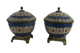 A pair of modern Chinese porcelain Bowls & Covers, each with domed cover (ne as is) with brass