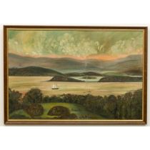 19th Century Naïve Irish School “View of Bantry Bay from Bantry House”, oils on board, Seascape with