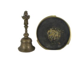 A 19th Century Middle Eastern etched and decorated brass hand Bell, with figural handle, approx.