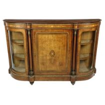 A good Victorian walnut and marquetry inlaid Credenza, with brass mounts, the centre inlaid panel