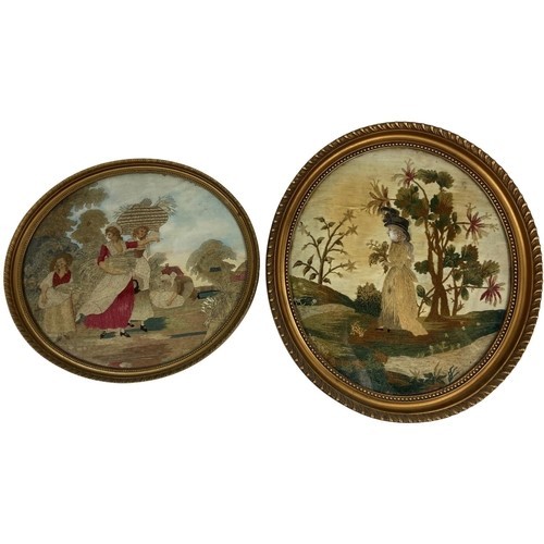 An attractive large Victorian oval needlework Picture, "An elegant Lady walking in a Park," with