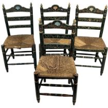 An unusual set of 4 hand painted Provincial ladder back Chairs, each with straw seat on turned legs,