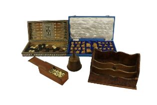 A Chess and Backgammon Games Box, in bone and ebony, together with draughts and backgammon pieces, a