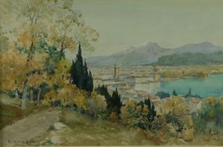 Emile Appay, French (1876-1935) 'Sur La Lac de Garde, Riva,' watercolour, Extensive Lake Landscape