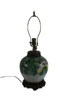 A modern Chinese Famille Vert porcelain Table Lamp, on cherrywood base, 58cms (23"). (1)