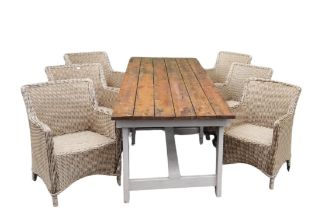 A set of 6 wicker work Outdoor Garden Patio Armchairs, with a large refectory table, painted,