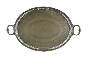 A silver plated crested two handled Serving Tray, with etched and pierced design, the centre crested