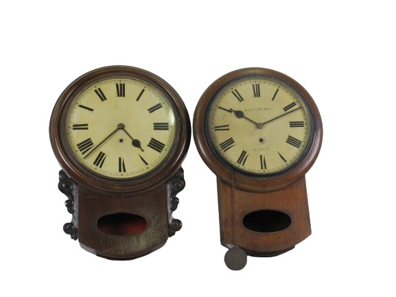 A Victorian oak cased circular dial Wall Clock, signed  'Ganter Brothers, Dublin' together with a