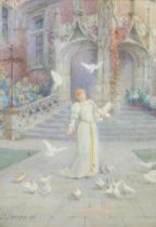 19th Century English School 'Feeding the Doves,' watercolour, a charming scene with a woman in white