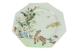 A rare large octagonal Chinese Platter, decorated with two cows, insects and flowers, 35.5cms (