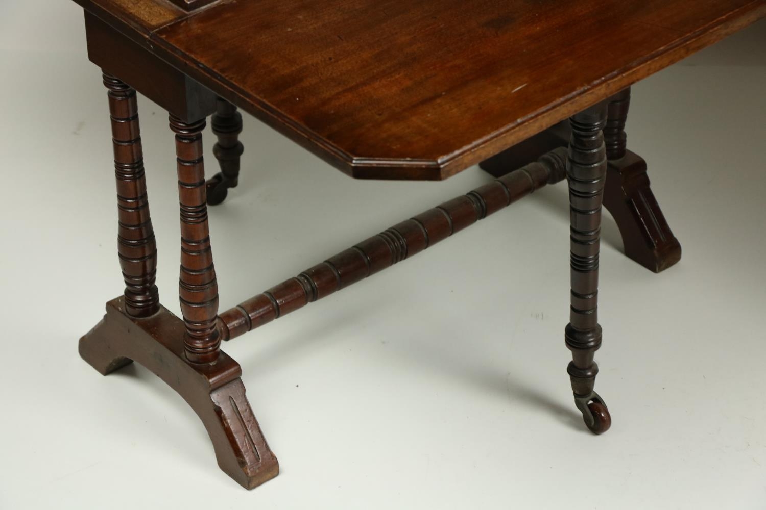 An unusual pair of Edwardian walnut two tier Sutherland Tables, each tier with two rectangular flaps - Image 3 of 4