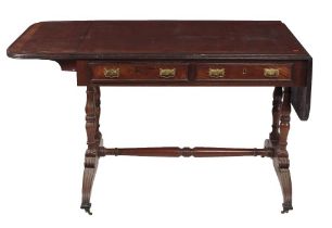 A 19th Century mahogany Sofa Table, with crossbanded top and demi lune flaps, with reeded edges,