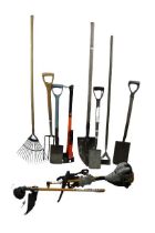 Garden Tools: A collection of varied Implements including: a large and small Hatchet, a Rake,