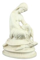 A 19th Century carved marble Group, a semi-nude Woman seated on a tortoise on oval base, 20" (