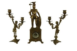 A three piece matched Clock Garniture, the chevalier stylized Clock with circular dial on outsplayed