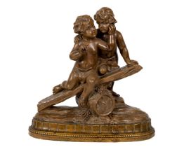 After Pierre Balestre, French XIX-XX 'Two Cherubs Resting on a Barrel See-Saw,' plaster maquette