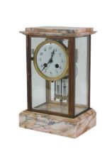 A 19th Century French Mantel Clock, the stepped marble top over four glazed sides with enamel