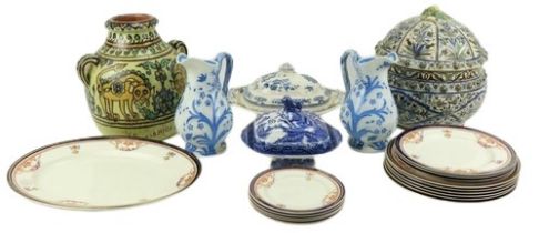 A pair of attractive blue and white Jugs, two blue and white Vegetable Dishes & Covers, a part