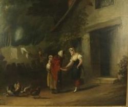 Follower of Francis Wheatley (1747-1801) "Old Woman with Child begging by a Cottage," O.O.C.,