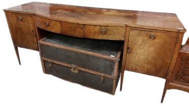 An inlaid and bow fronted mahogany Sideboard, 19th Century with centre mock frieze drawer, flanked