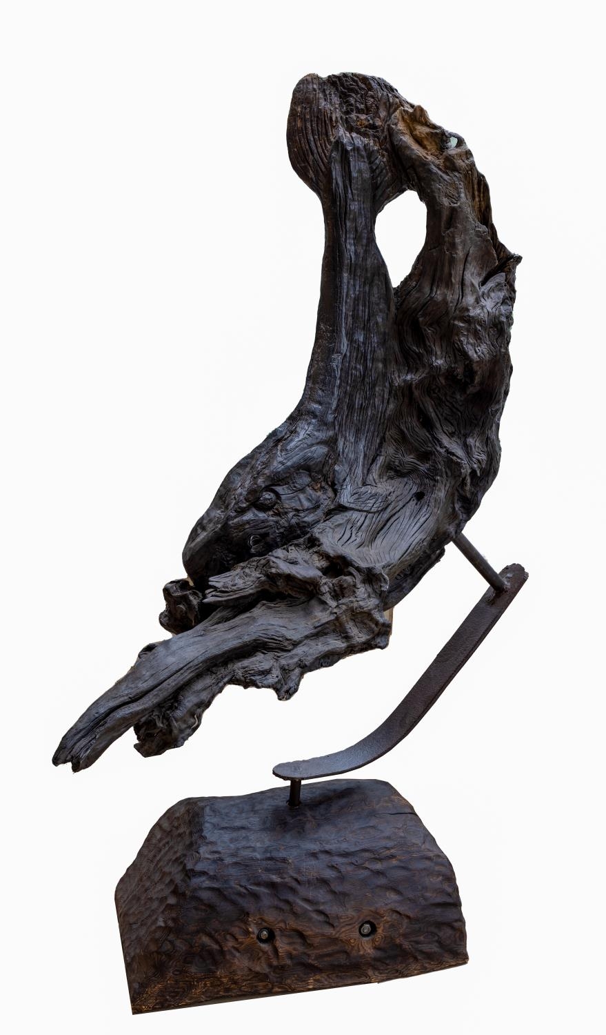'An Bradán - The Salmon,' a natural bog oak design, mounted on a metal stand with wooden base, - Image 2 of 2