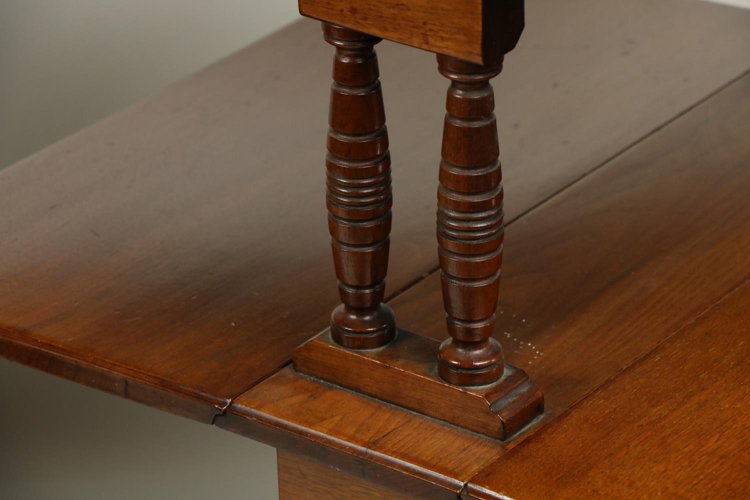 An unusual pair of Edwardian walnut two tier Sutherland Tables, each tier with two rectangular flaps - Image 4 of 4