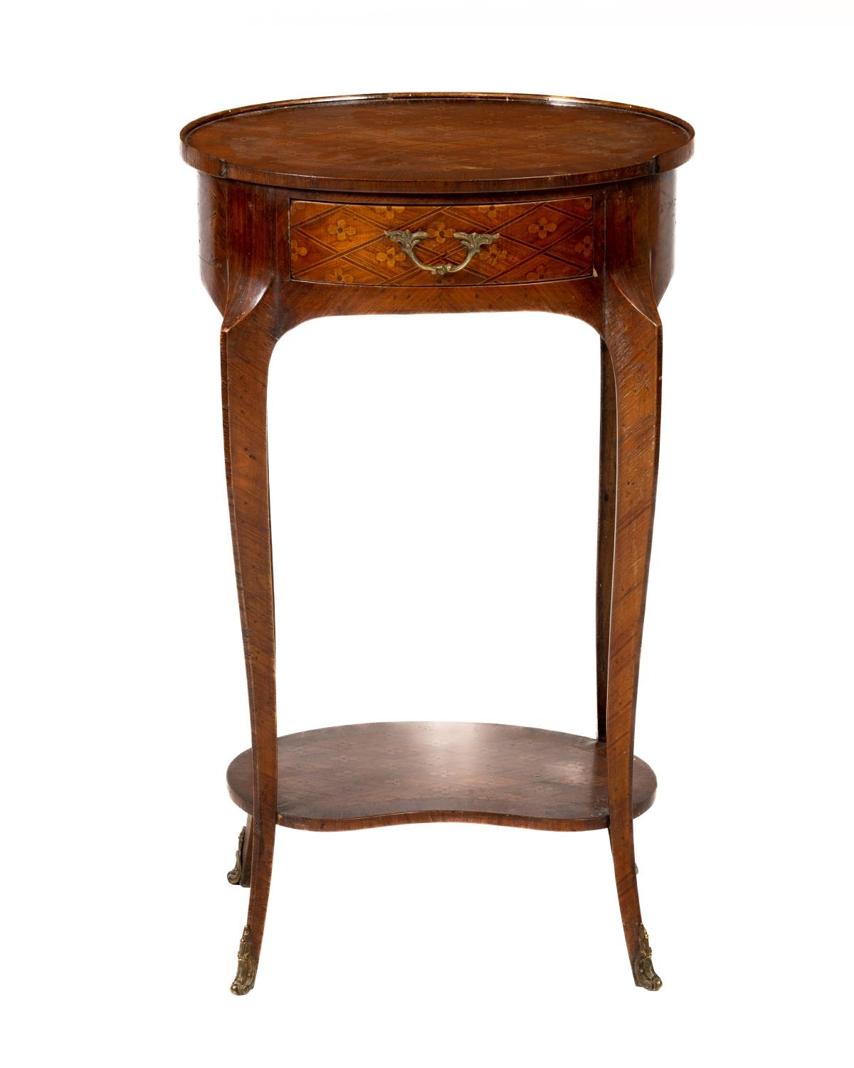 A two tier French marquetry and parquetry pedestal Table, the oval trellis top with rows of flower