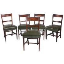 A set of 5 Georgian mahogany inlaid Dining Chairs, with open backs, covered in green hide on