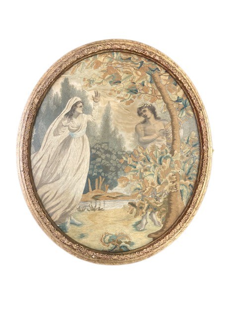 18th Century "Shepherdess with her Sheep," An oval silk work Picture within a floral border, 44cms - Image 3 of 4