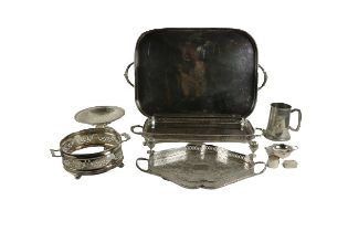 A large silver plated and crested two handled Tray, on four shell cast legs, 61cms (24"); an
