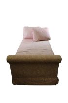 A large double ended Parker Knoll type Day Bed, covered in floral pink fabric with loose cushions,