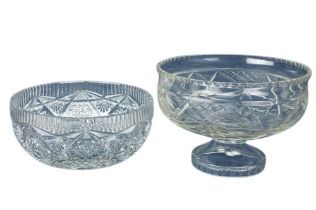 A cutglass kettle drum stemmed Bowl, 9'' (23cms); and another heavy cutglass Bowl, 9'' (23cms). (2)