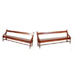 A pair of 19th Century pitch pine Benches, with open back, solid seats on turned front legs, united,