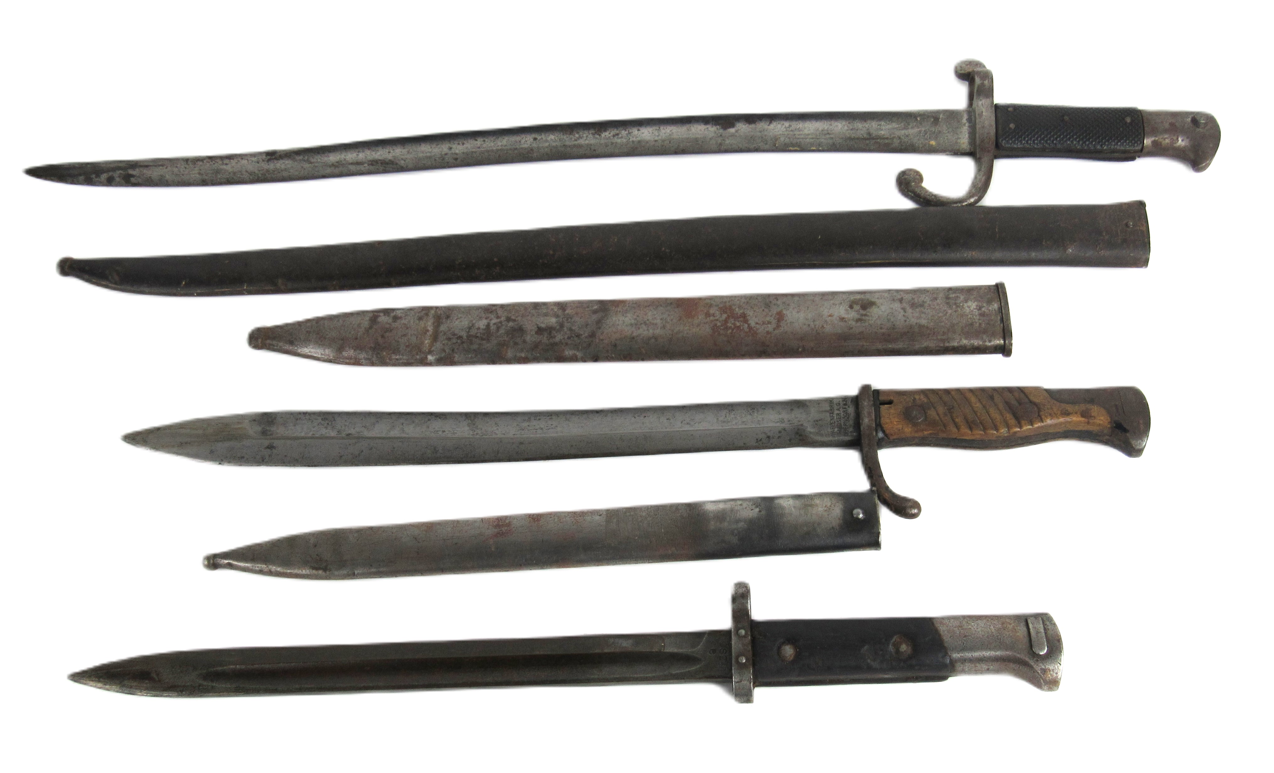 Militaria: A group of three early 20th World War I & II steel Bayonets, with variant wooden grip - Image 2 of 2