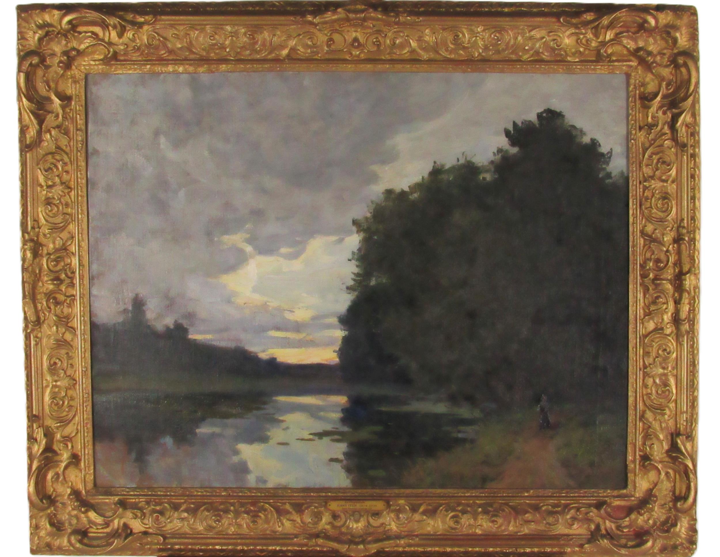 Hans Iten, R.H.A. (1874-1930) "Le Crepusule," O.O.B., extensive lake side scene with forest to right