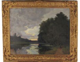 Hans Iten, R.H.A. (1874-1930) "Le Crepusule," O.O.B., extensive lake side scene with forest to right