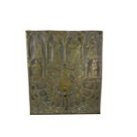 An antique heavy brass Sundial, of square format decorated with medieval type figures, and a central