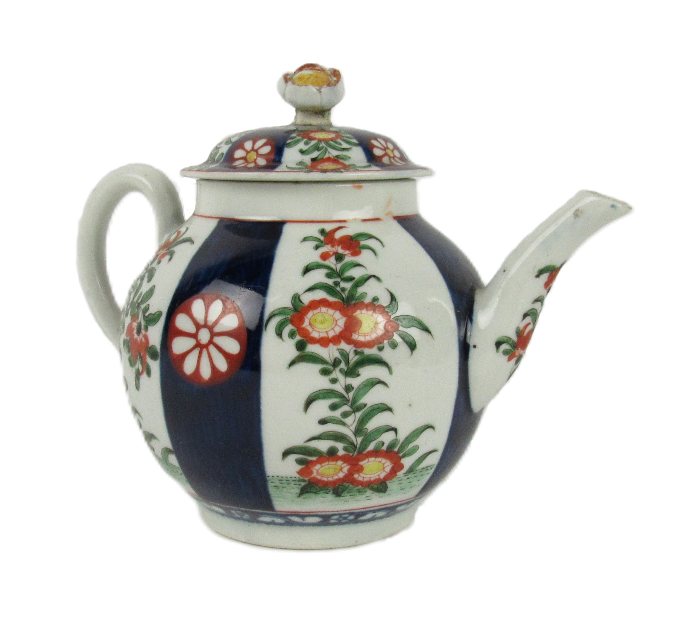 A small Worcester Teapot, and lid, with dark blue and floral decorated panels, and with blue seal