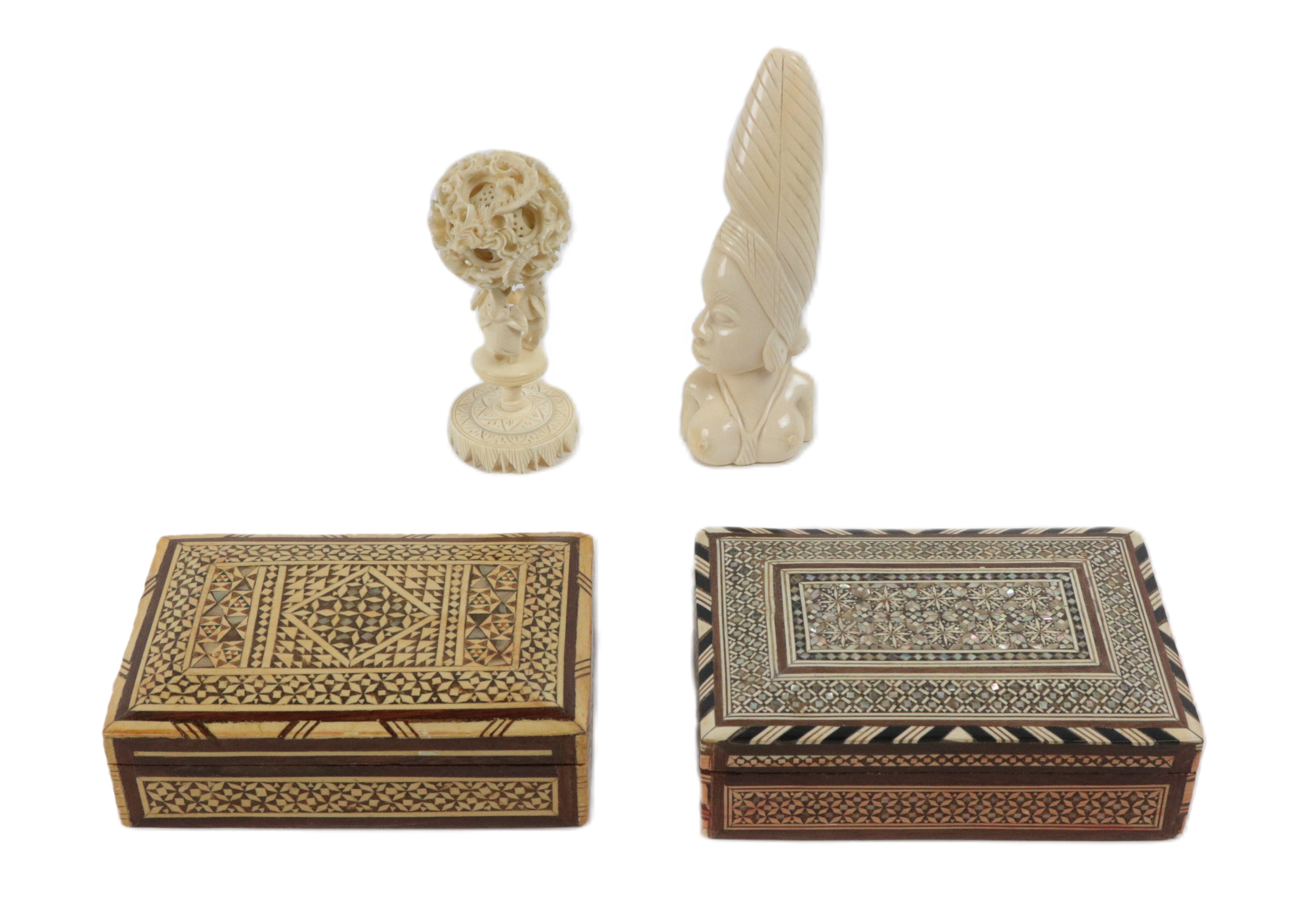 Two similar inlaid wooden rectangular Jewellery Boxes, with geometric Middle Eastern design;