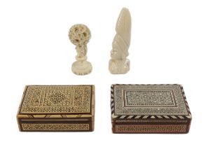 Two similar inlaid wooden rectangular Jewellery Boxes, with geometric Middle Eastern design;