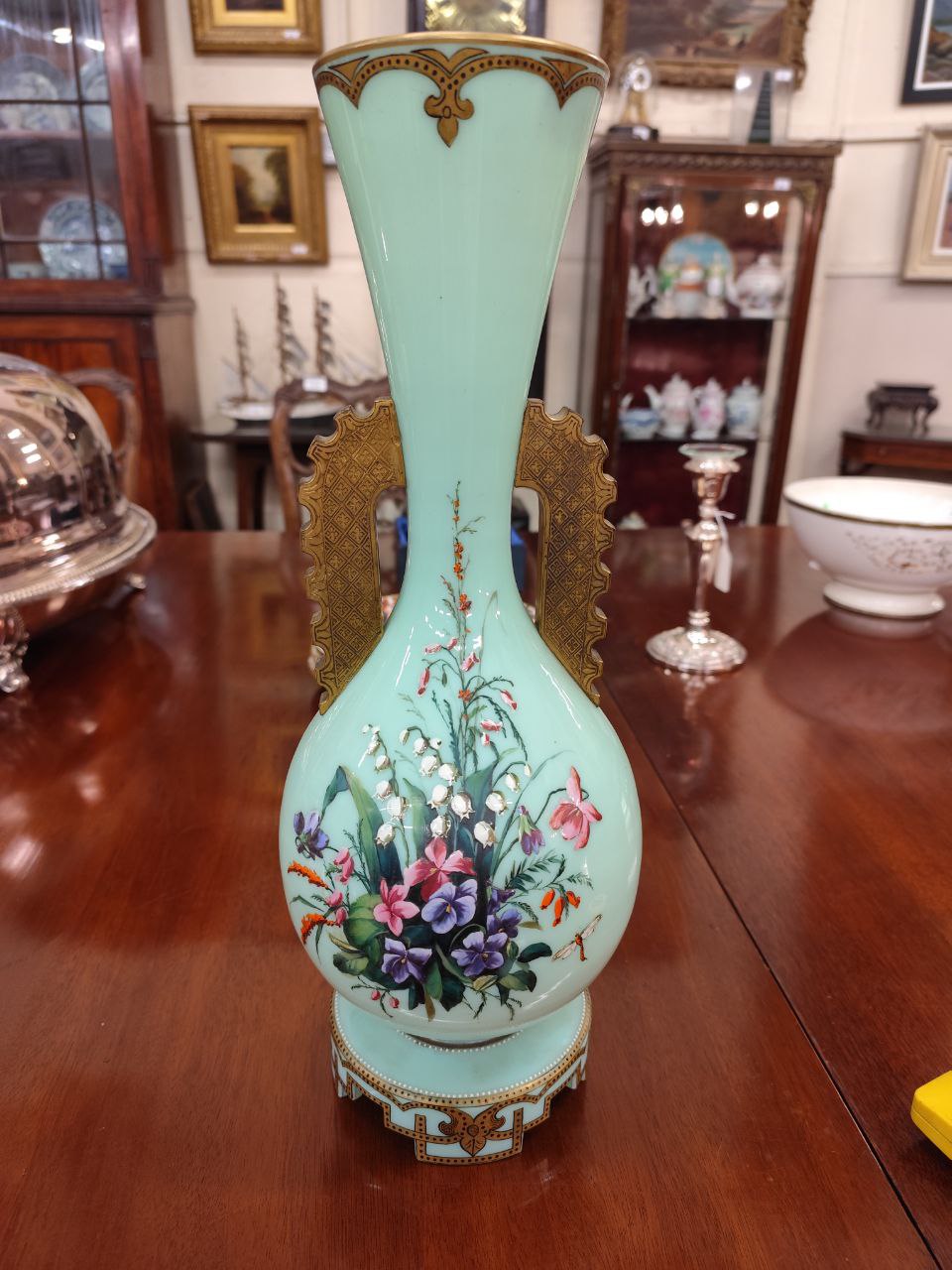 An attractive Chinese style tubular blue ground glass Vase, decorated with hand painted floral - Image 13 of 14