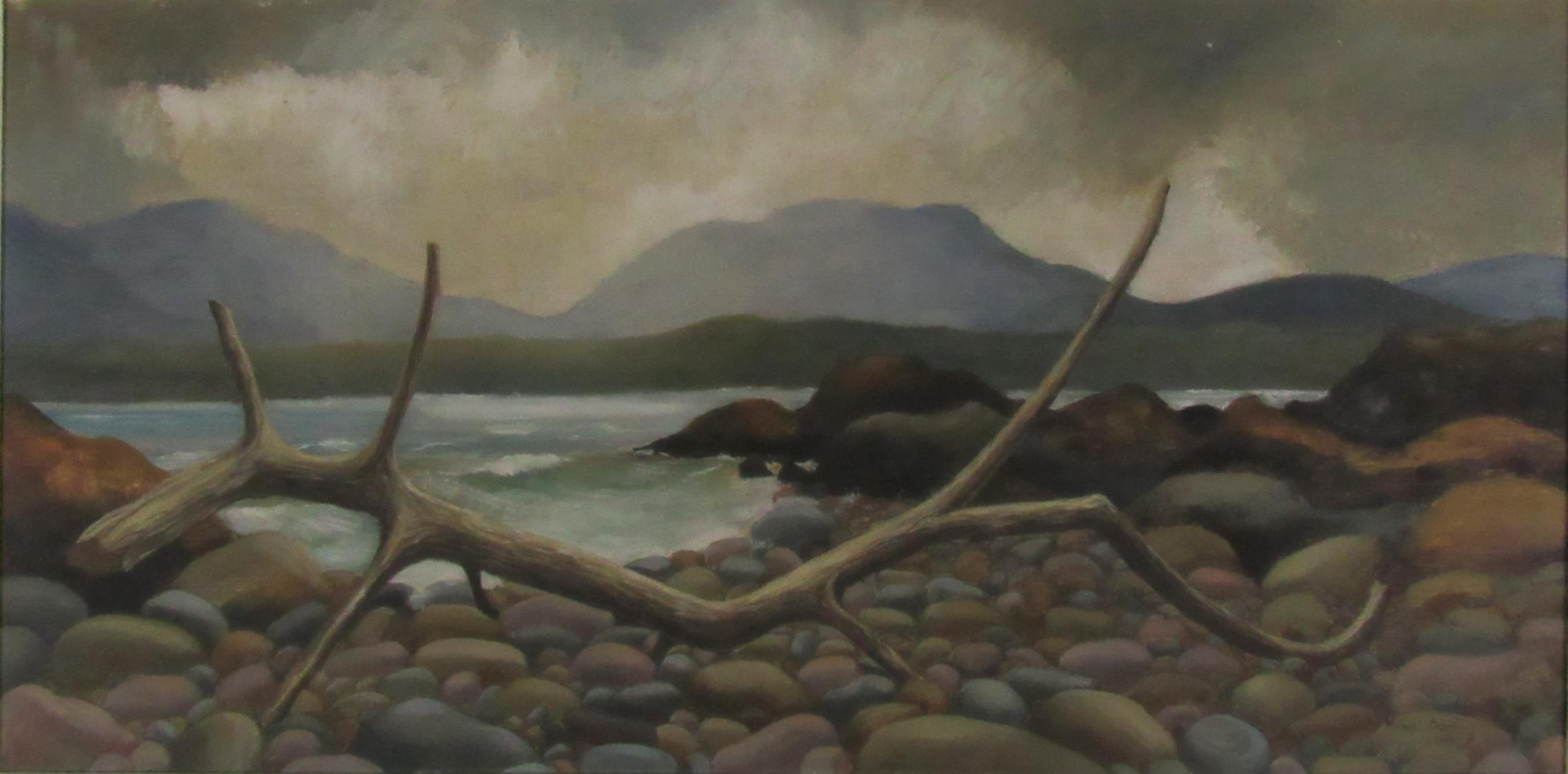 Michael Baird, Irish (b. 1928) "Rocky Shoreline," O.O.B., approx. 30cms x 60cms (12" x 23 1/2"),