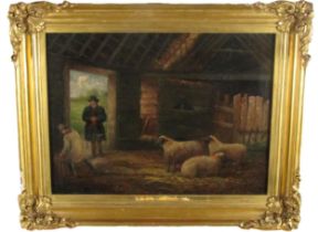 George Morland, British (1763-1804) "Stable Scene with Farm Manager and Helper tending to Sheep,"