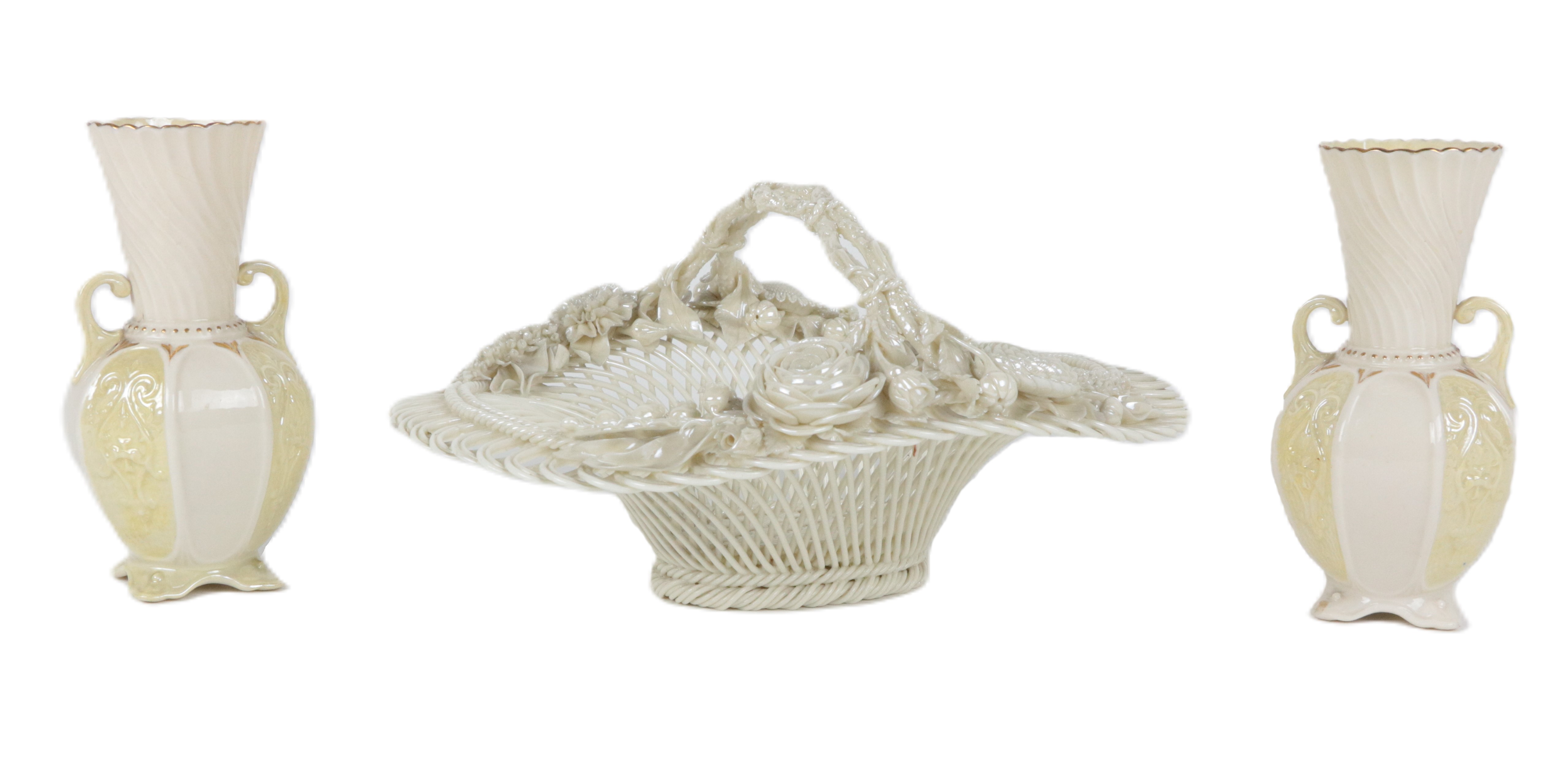 A fine quality First Period Belleek flower encrusted Basket, with double naturalistic branch handle,