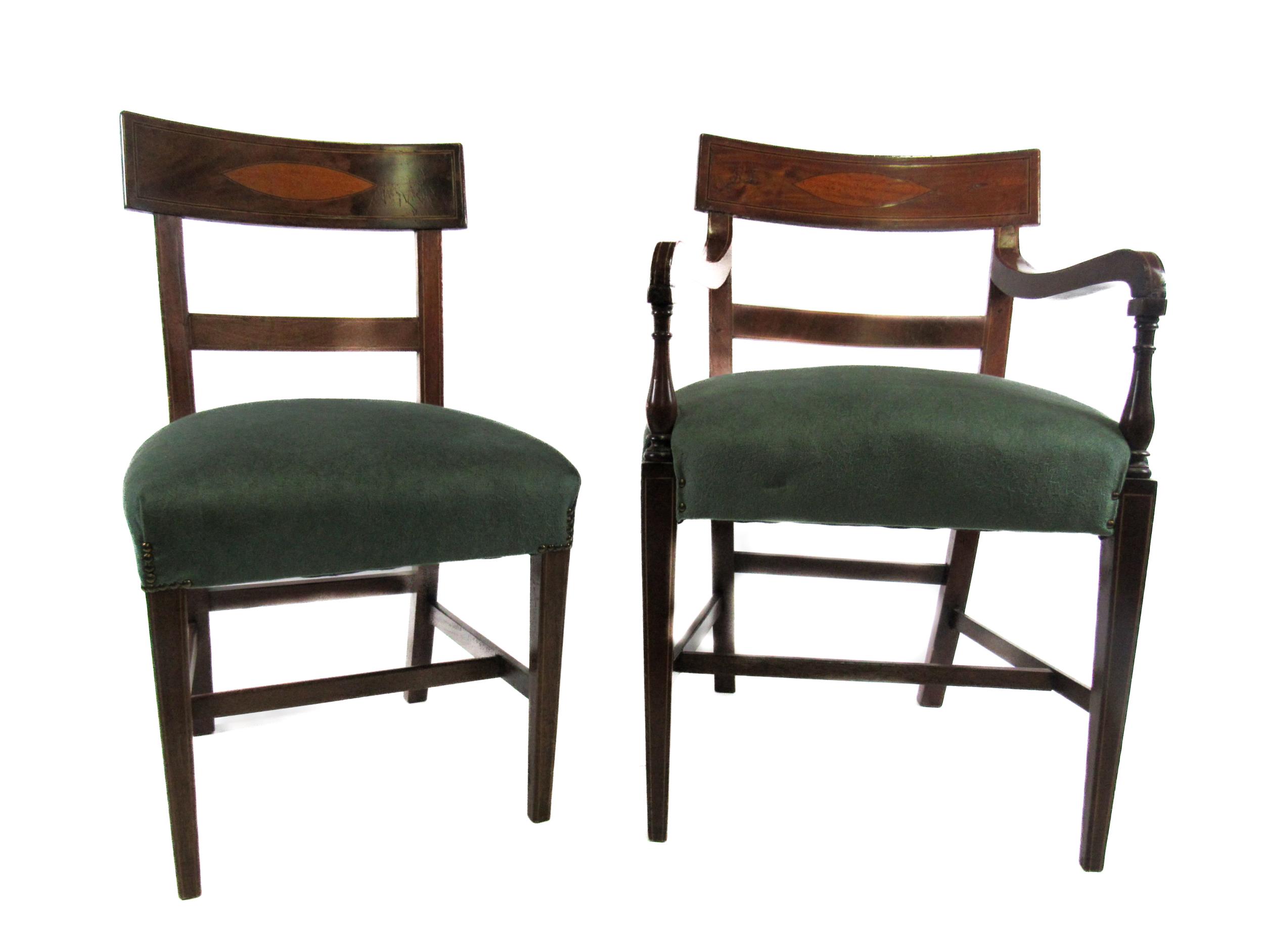 A set of 10 (8 + 2) 19th Century inlaid Irish mahogany Dining Chairs, each top rail inlaid with a